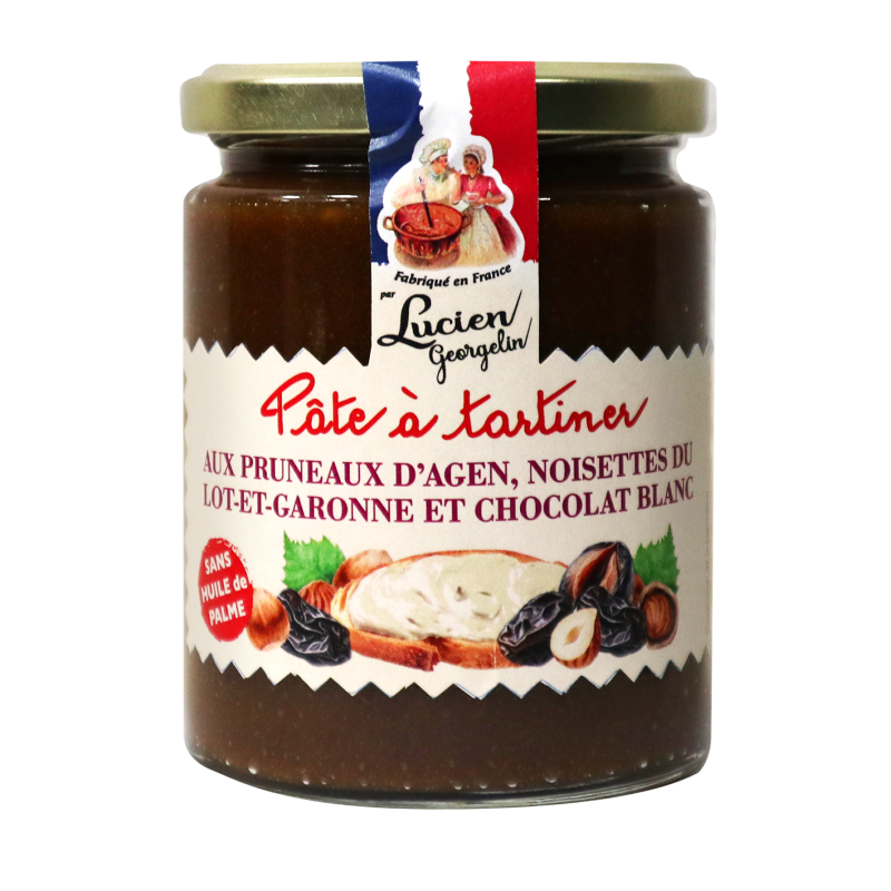 PÂTE A TARTINER AUX PRUNEAUX D'AGEN, NOISETTES DU LOT-ET-GARONNE ET CHOCOLAT BLANC - 320G - Lucien Georgelin