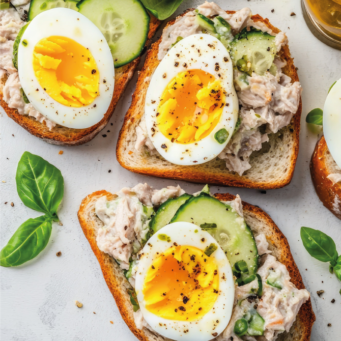 Tartine salée au délice de thon, fromage frais et crudités